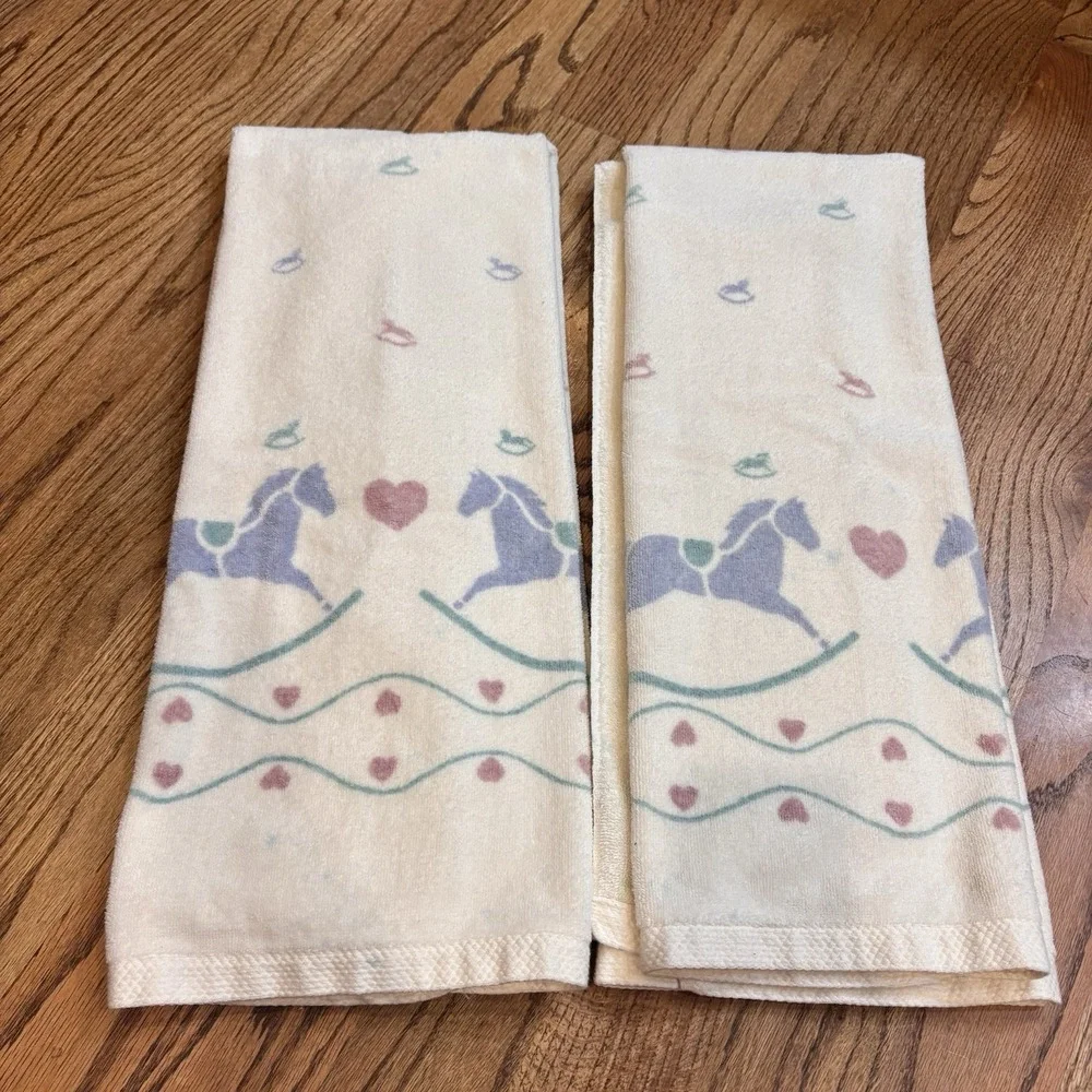 Vintage‎ Fieldcrest Rocking Horse Bath Towel Set 6 Pc 100% Cotton Hearts Pastel